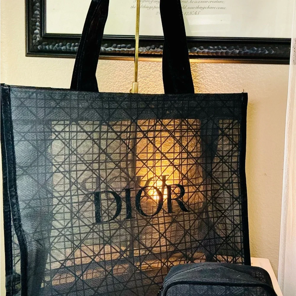 Christian Dior Beauty Parfums Makeup Black Velvet Mesh Large Tote Bag
